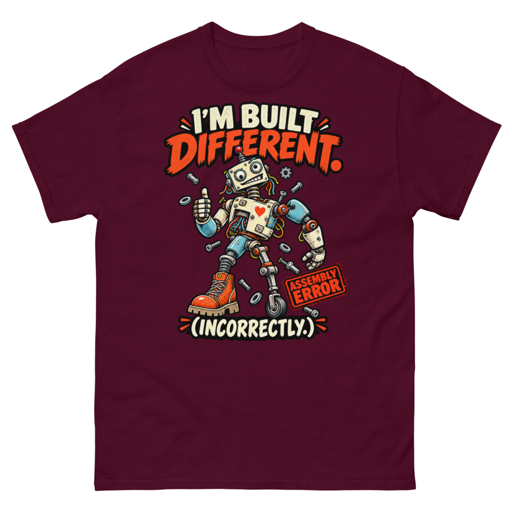 I'm Built Different (Incorrectly) — Maroon T-Shirt, front view