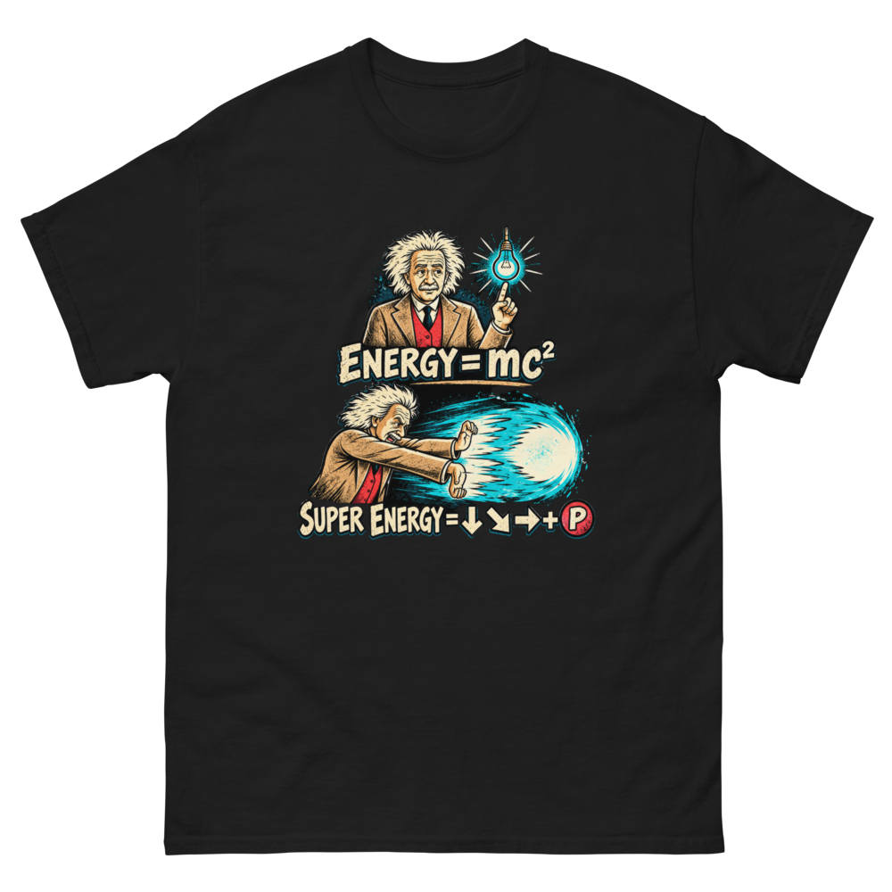 Super Energy — Einstein Arcade — Black T-Shirt, front view