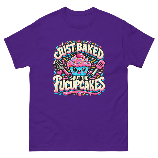 Just Baked — Shut the Fucupcakes — Purple T-Shirt, front view