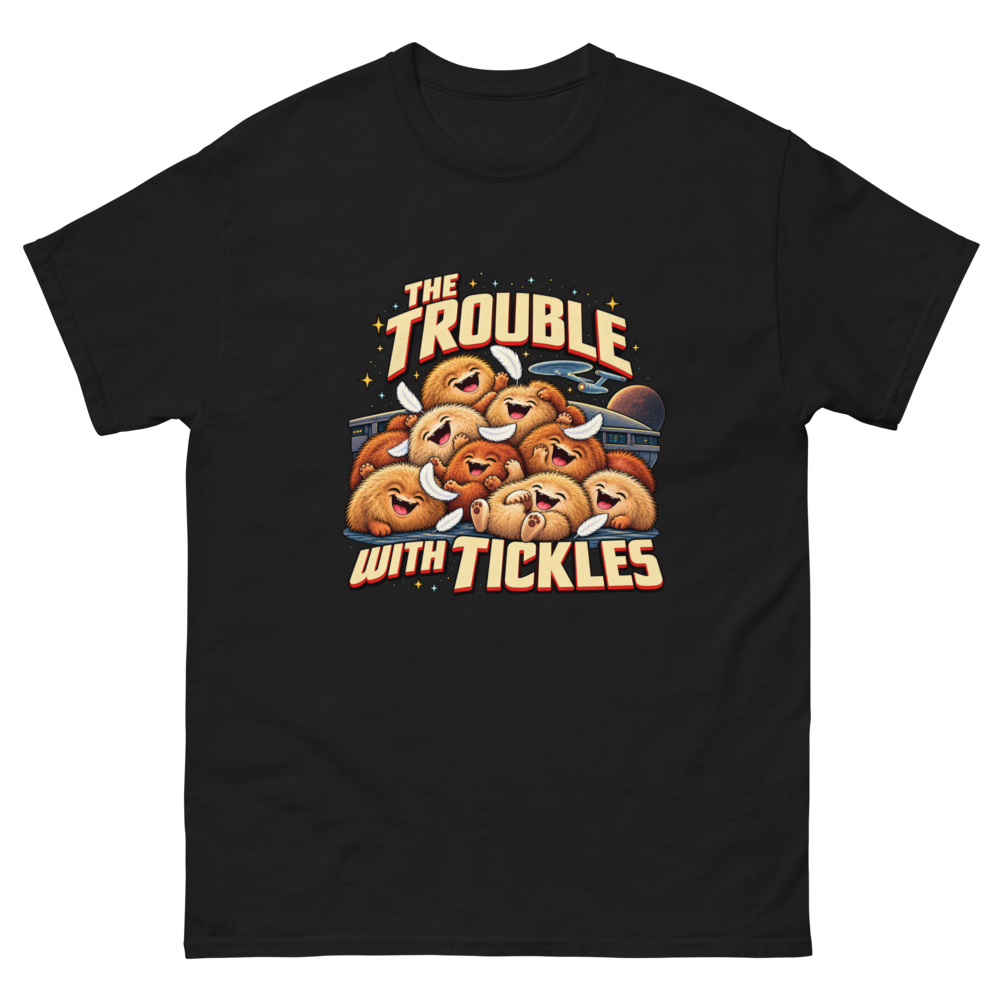 The Trouble with Tickles — Black T-Shirt, front view