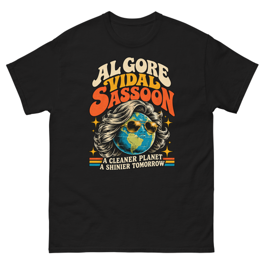 Al Gore Vidal Sassoon — Black T-Shirt, front view