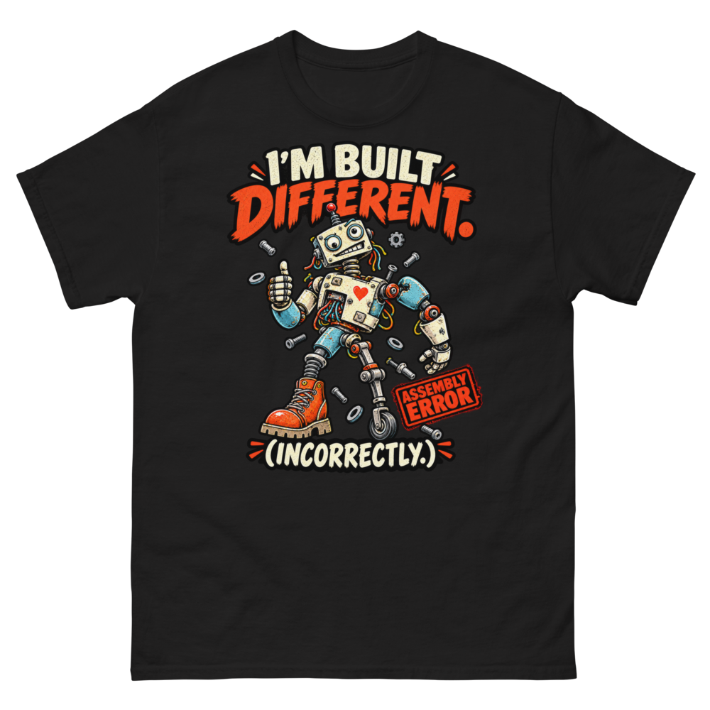 I'm Built Different (Incorrectly) — Black T-Shirt, front view