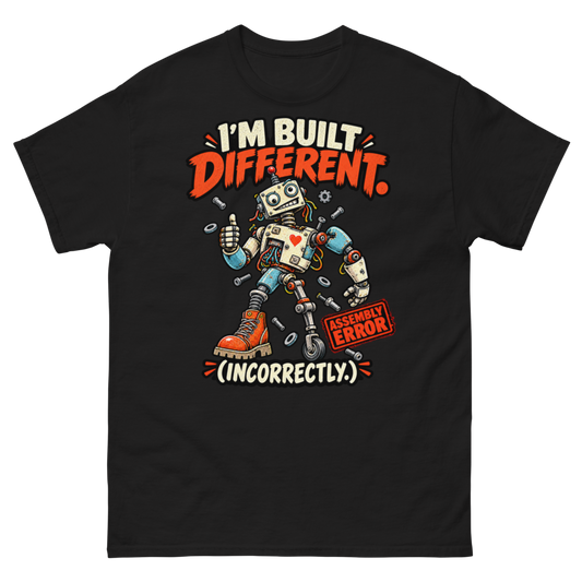 I'm Built Different (Incorrectly) — Black T-Shirt, front view