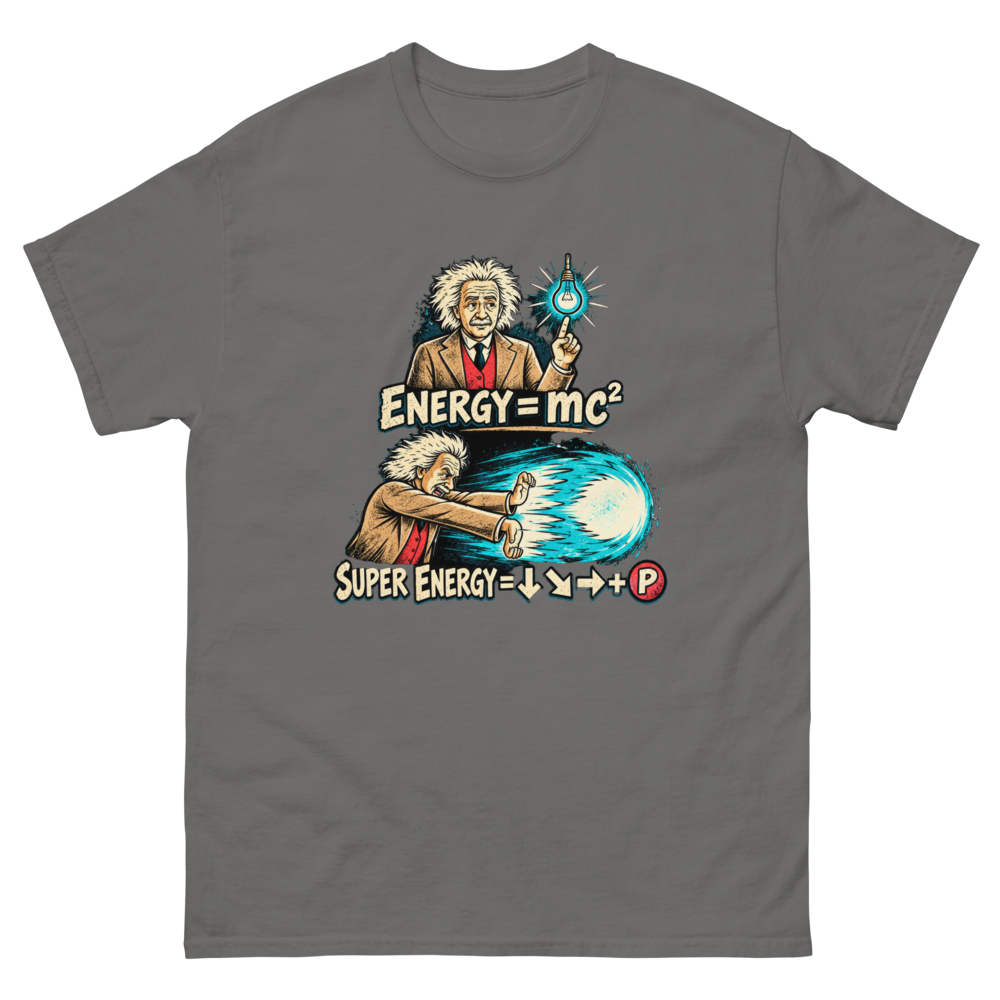 Super Energy — Einstein Arcade — Charcoal T-Shirt, front view