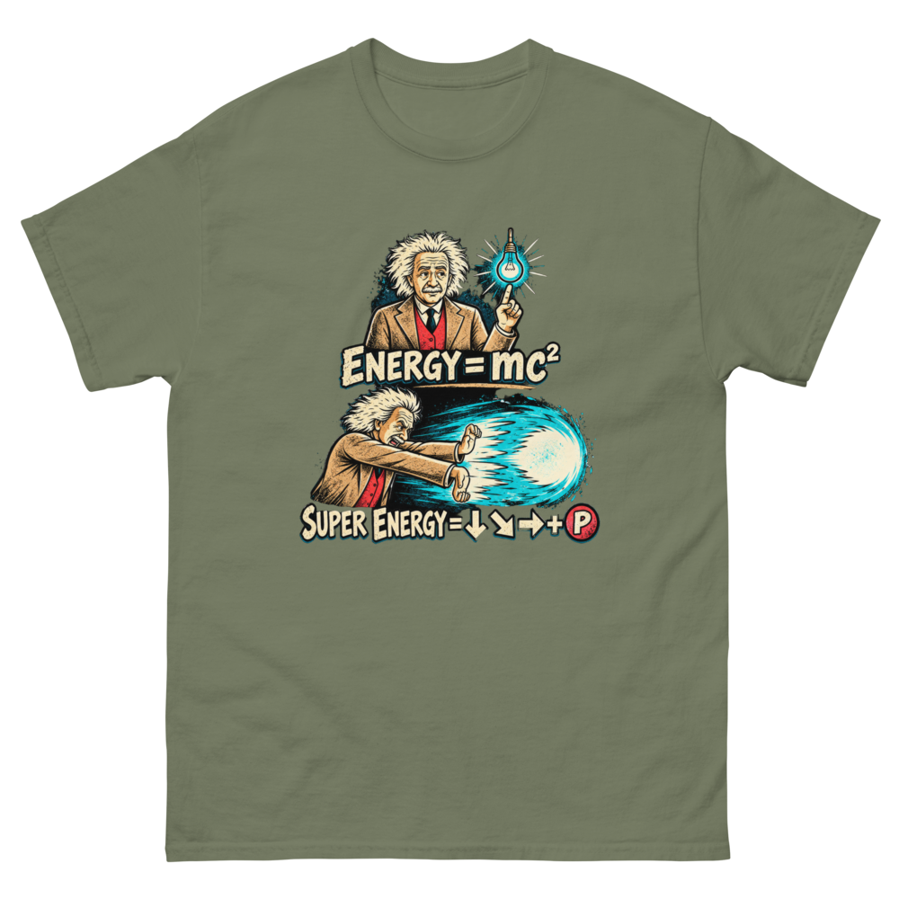 Super Energy — Einstein Arcade — Military Green T-Shirt, front view