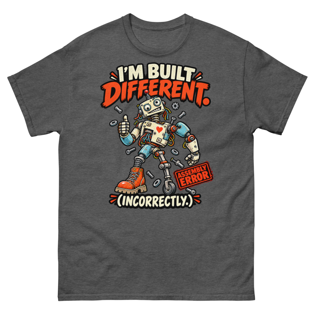 I'm Built Different (Incorrectly) — Dark Heather T-Shirt, front view