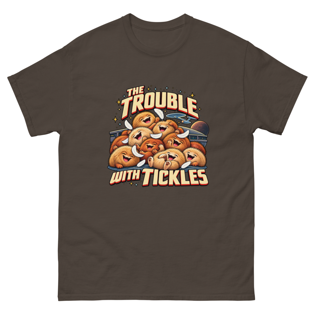 The Trouble with Tickles — Dark Chocolate T-Shirt, front view
