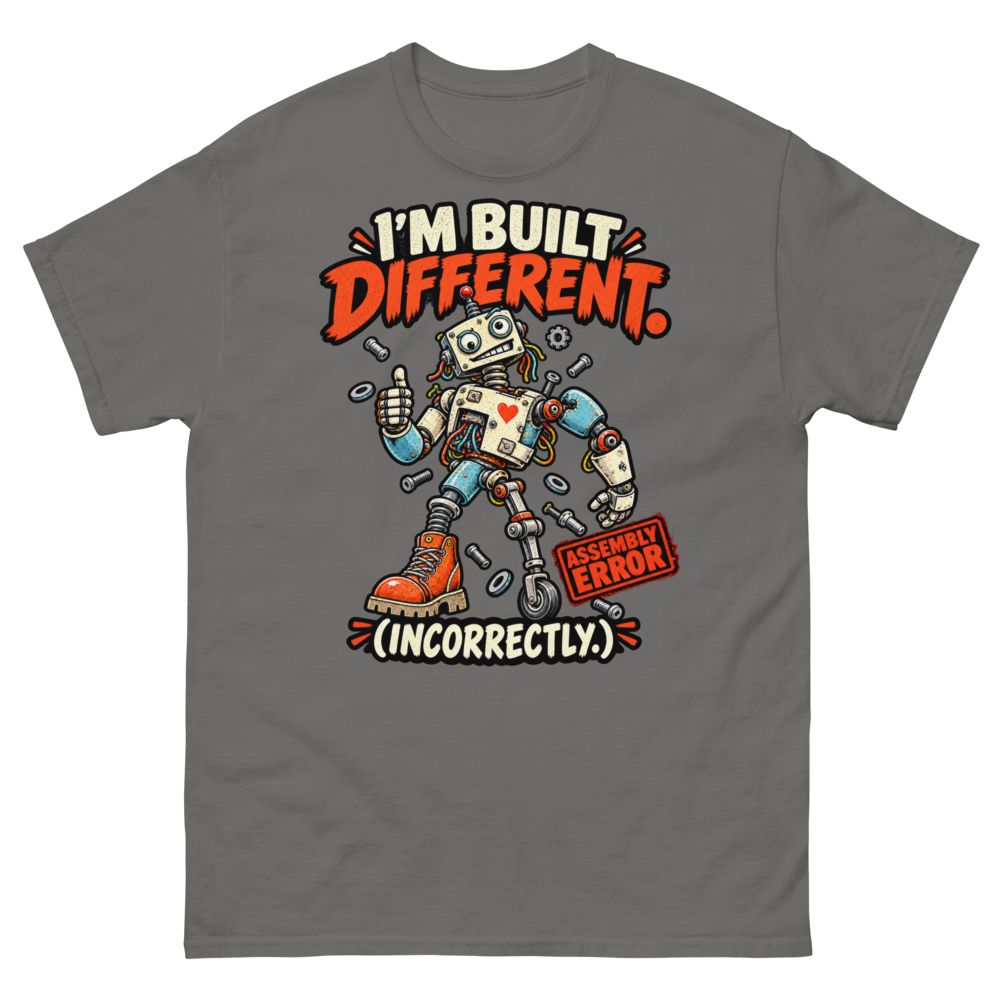 I'm Built Different (Incorrectly) — Charcoal T-Shirt, front view